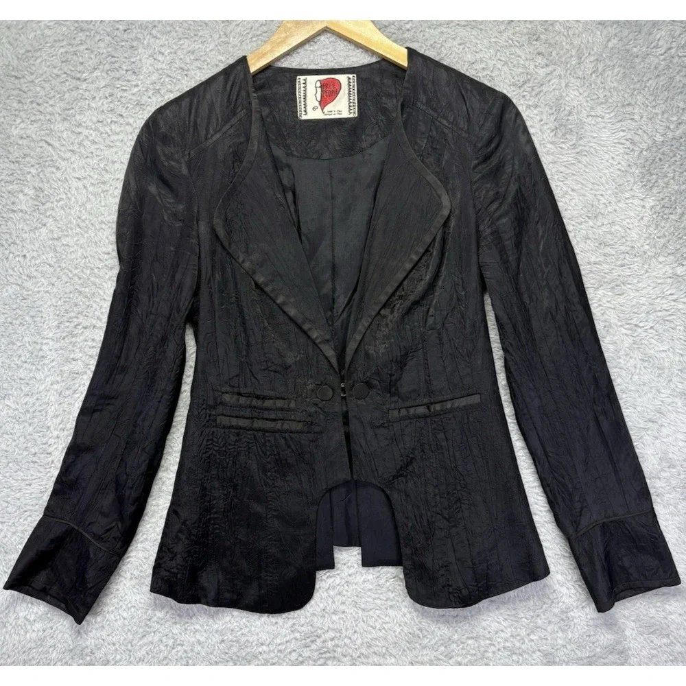 VTG Free People Satin Tuxedo Blazer Jacket Black Womens Sz 6 Boho Fairy Grunge